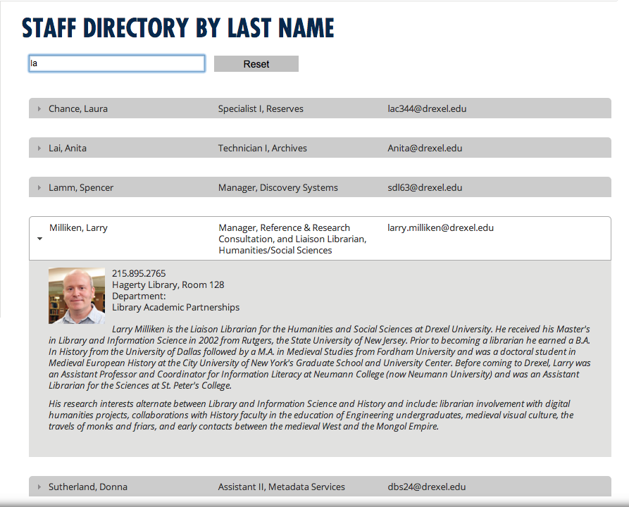 Screenshot of staff directory search page on DUL website